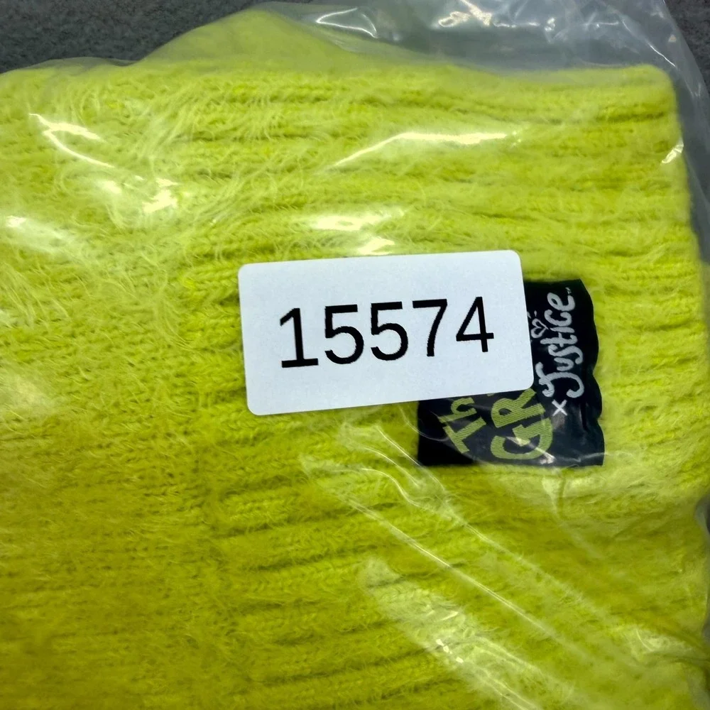 The Grinch Justice Hooded Sweater Girls Large Lime Green Graphic Logo Fuzzy Knit